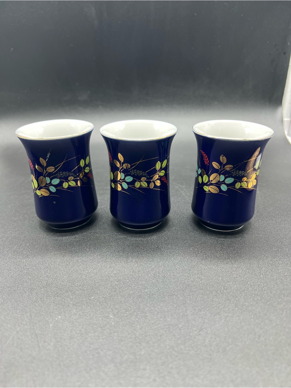 Vintage Japanese Cobalt Blue Cordial Cups Set of 3 Gold Floral Design
